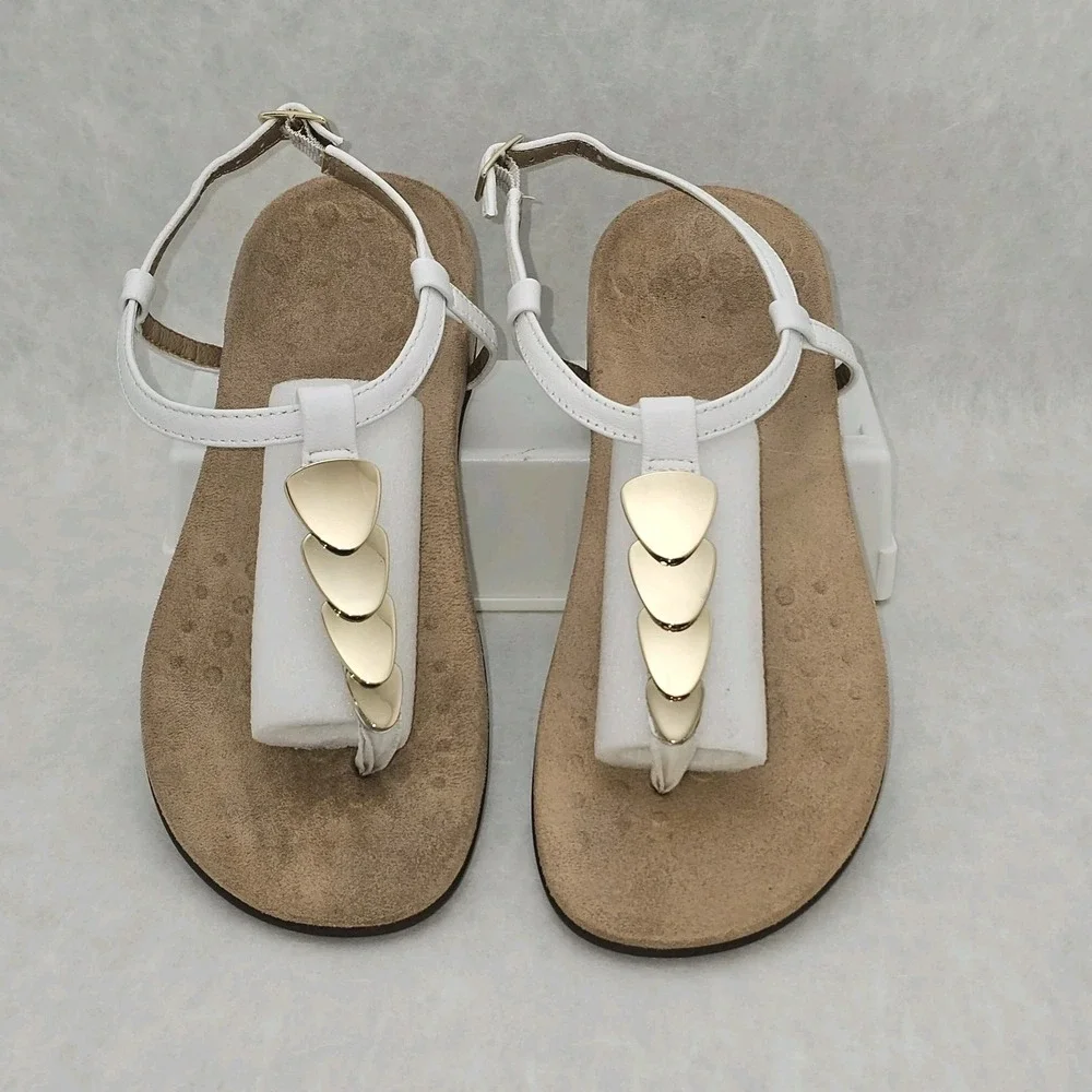 EUC VIONIC Miami Sandals White T Strap w Gold Accents Arch Support Sz 7.5 - Picture 1 of 10